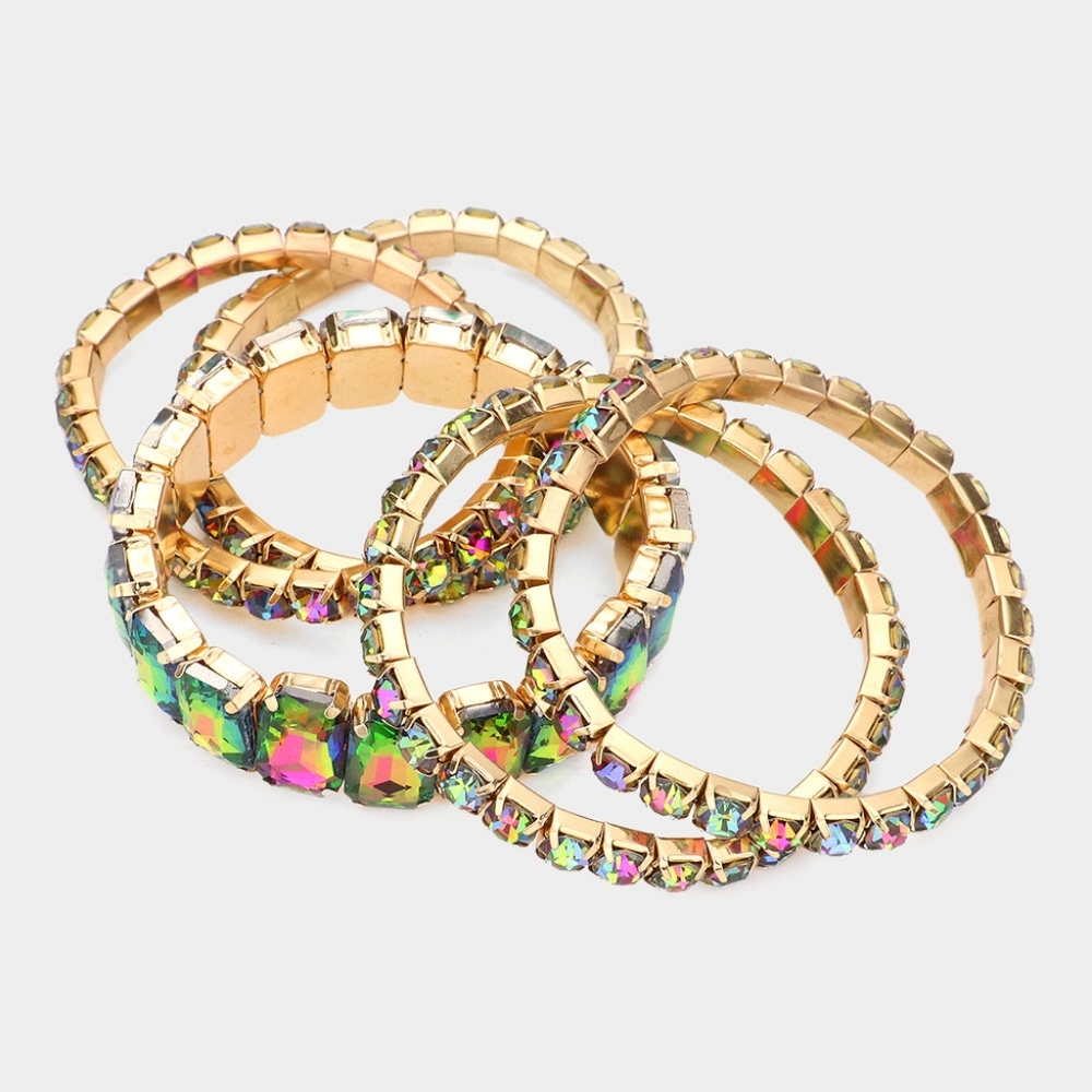 Vitrail Emerald Cut Crystal Wide Stretch Bracelet 5 Pcs Bling 1.75 Inches - Picture 2 of 3
